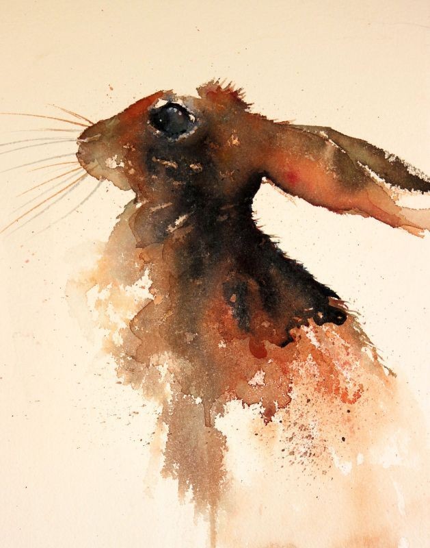 Attractive brown watercolor hare in profile tattoo design