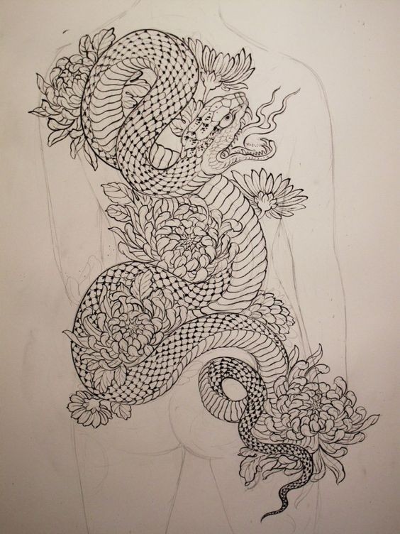 Attractive chinese snake and peonies tattoo design on full back