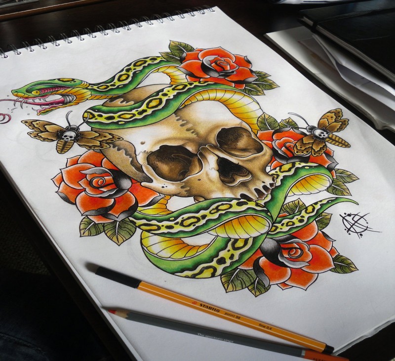 Attractive colorful snake and skull surrounded with roses by Frost Tattoo