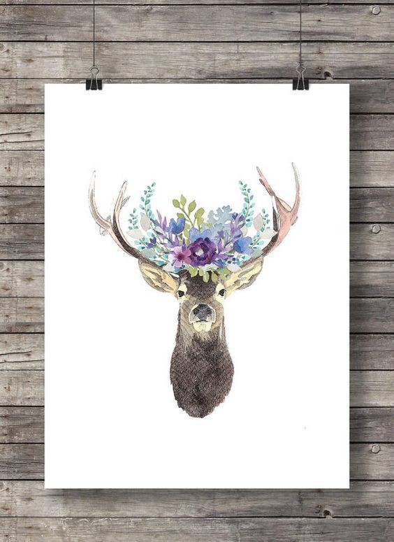 Attractive deer with purple flower wreath tattoo design
