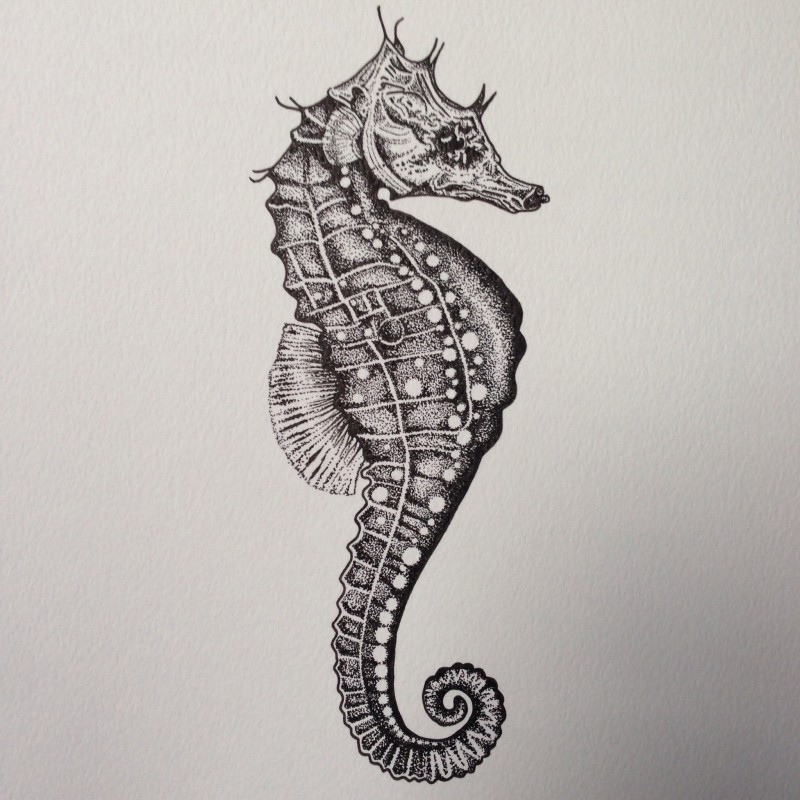 Attractive dotwork-style seahorse tattoo design