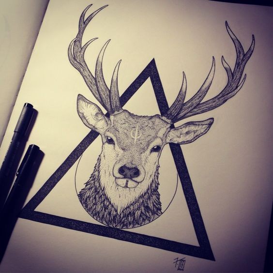 Attractive dotwork deer head in black triangle tattoo design