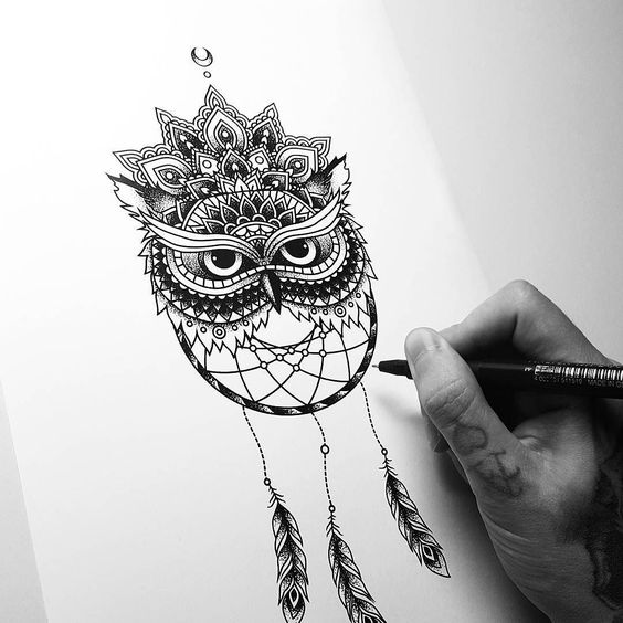 Attractive dotwork owl and dream catcher with mandala flower tattoo design