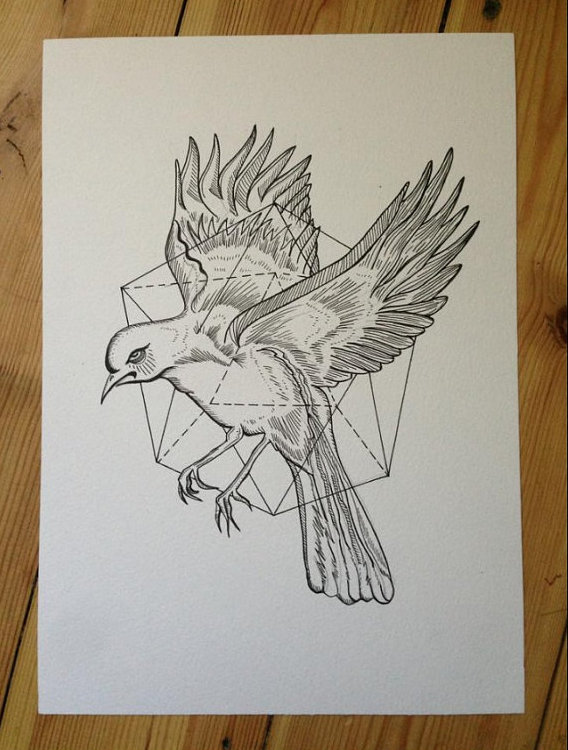 Attractive flying bird on polygon background tattoo design