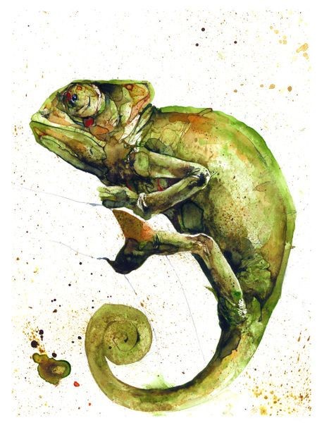 Attractive green watercolor chameleon tattoo design