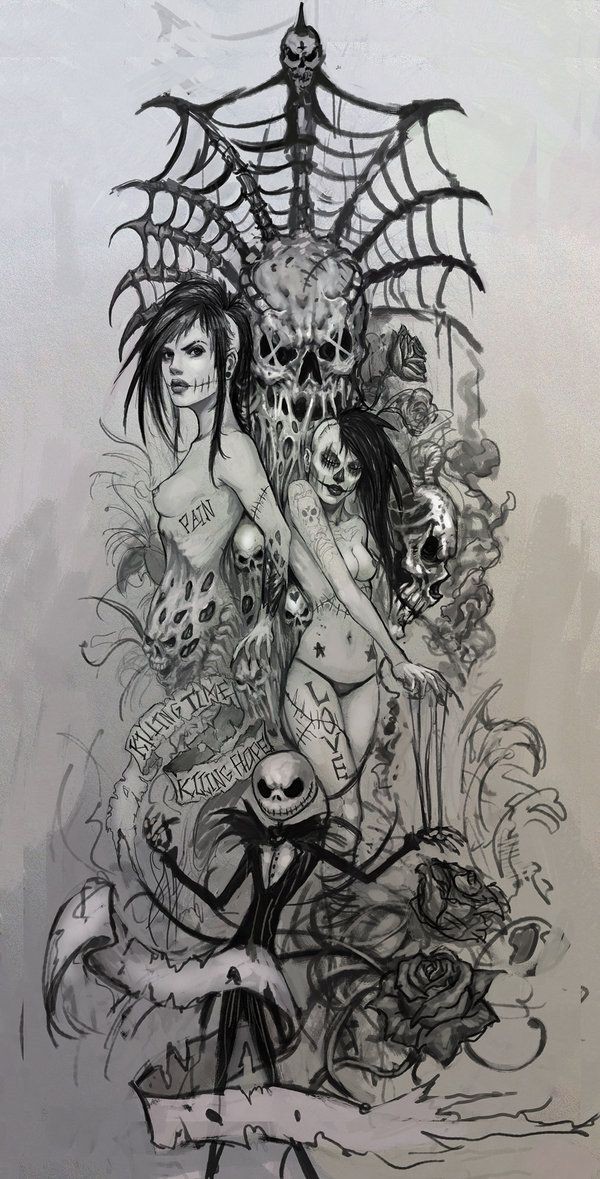 Attractive grey-ink detailed zombie girls with spiders and banners tattoo design