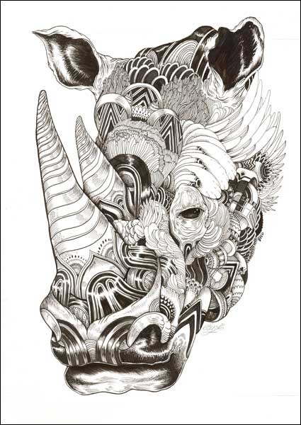Attractive grey-ink ornate rhino head tattoo design
