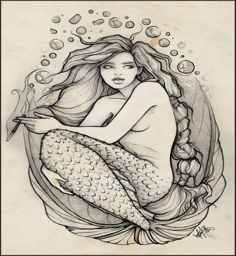 Attractive grey-ink sitting mermaid with small bubbles tattoo design