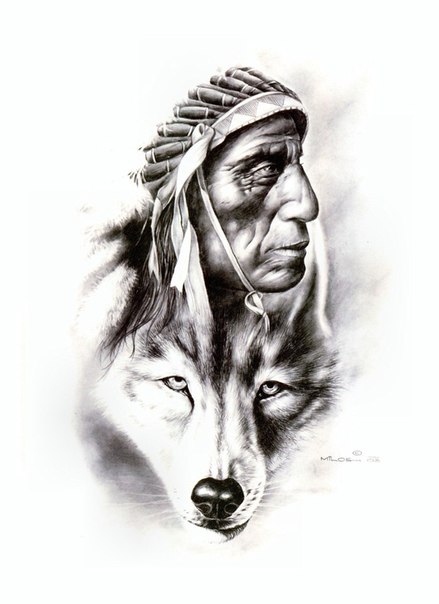 Attractive grey indian leader and totemic wolf tattoo design