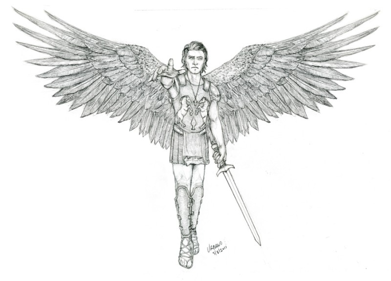Attractive guardian angel with a sword in grey colors tattoo design