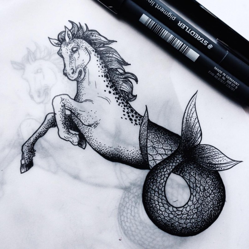 Attractive horse torso with mermaid tail tattoo design