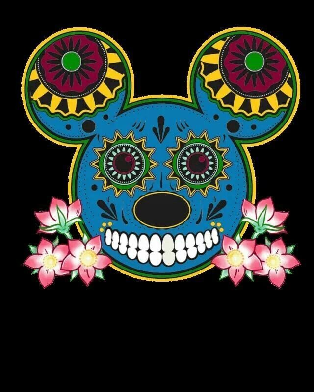 Attractive multicolor muerte Mickey Mouse face with pink flowers tattoo design