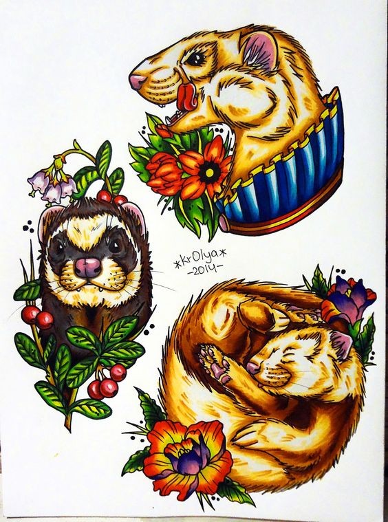 Attractive multicolor new school rodents with flowers and berries tattoo design