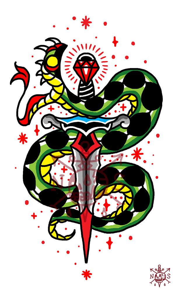 Attractive old school snake pierced with diamond-handle sword tattoo design