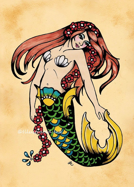 Attractive old school style mermaid with floral print tattoo design