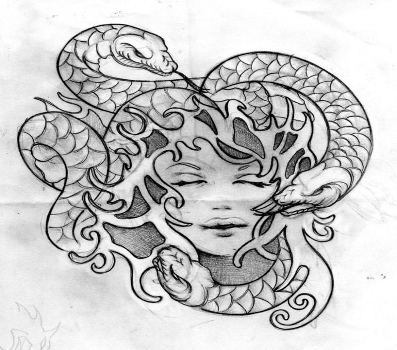 Attractive pencilwork sleeping medusa gorgona tattoo design by Mr Gone