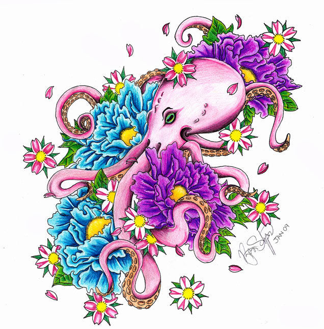 Attractive pink octopus in japanese style tattoo design