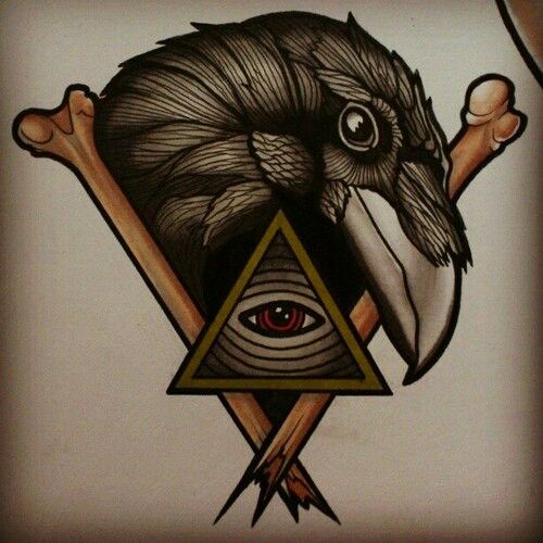 Attractive raven head with illuminati and crossed broken bones tattoo design