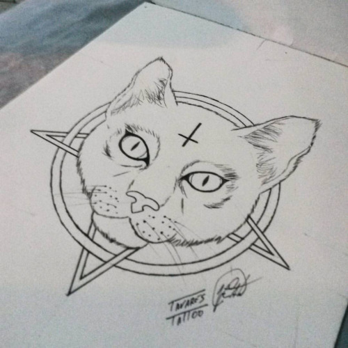 Attractive uncolored demon cat tattoo design