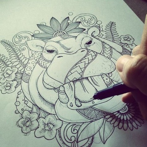Attractive uncolored hippo portrait with flowers tattoo design