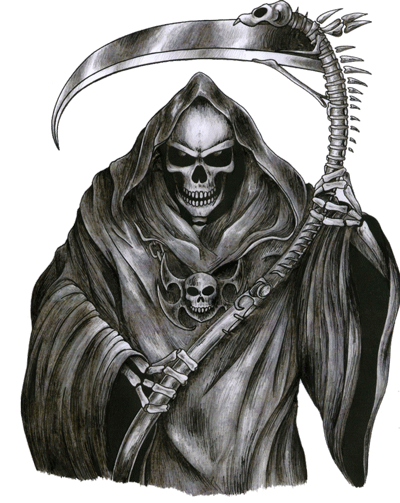 Morte audaciosa acenando com seu desenho de tatuagem de foice de esqueleto
