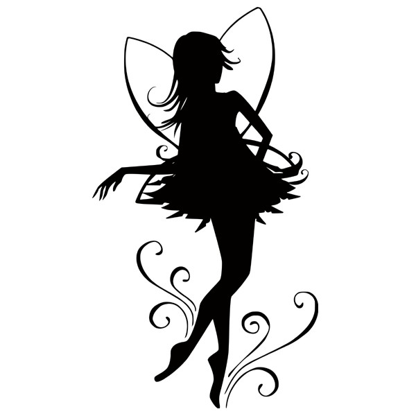 Avuncular black fairy silhouette standing in curls tattoo design