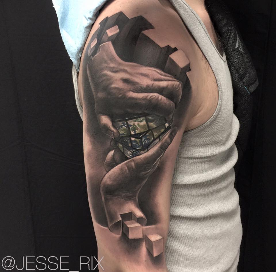 Awesome 3d rubiks cube tattoo on shoulder
