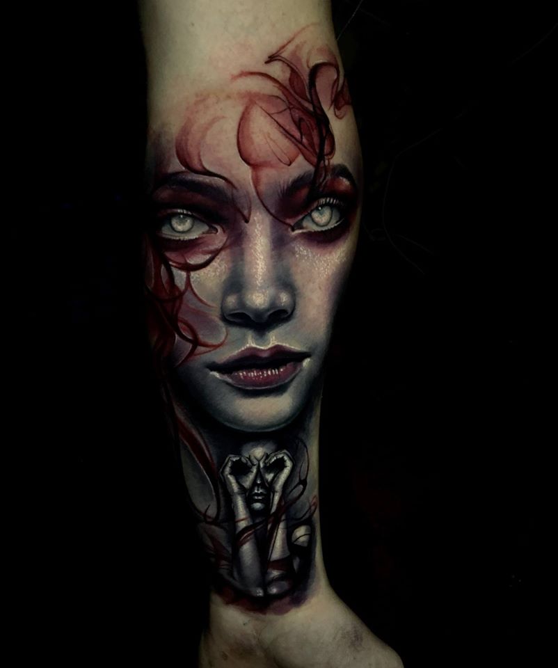 Awesome Girls face tattoo on arm