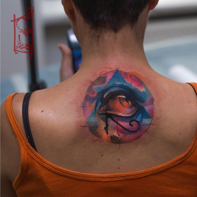 Awesome all seeing eye pyramid symbol tattoo on upper back
