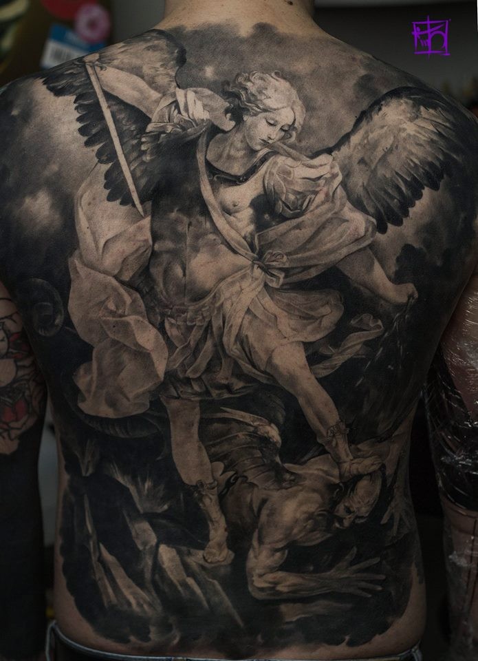 Awesome angel and demon full back tattoo