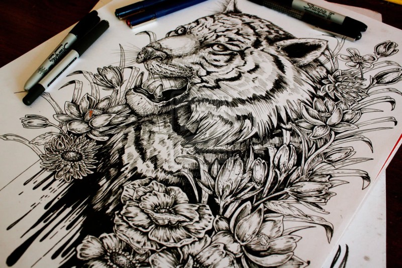Awesome black-and-white animal among big flower buds tattoo design