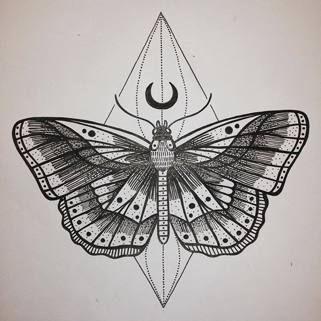 Awesome black-and-white moth with moon sign and rhombus drawing tattoo design