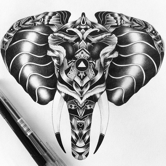 Awesome black-and-white rich-decorated mammoth head tattoo design