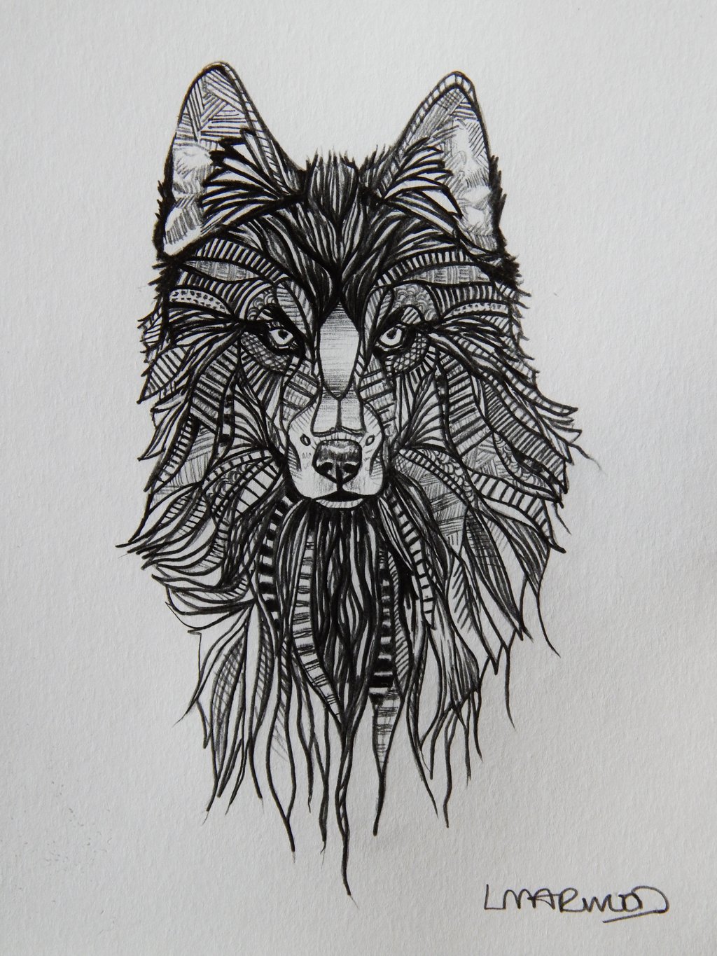 Awesome black-color wolf portrait tattoo design by Lauren Marwood