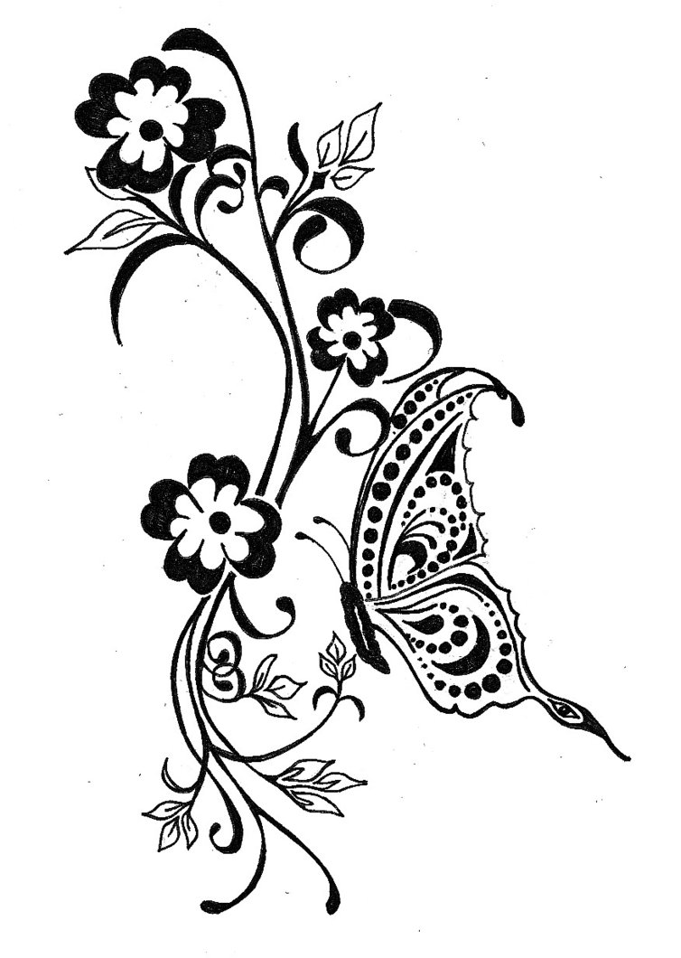 Awesome black-line butterfly flying over flower stems tattoo design