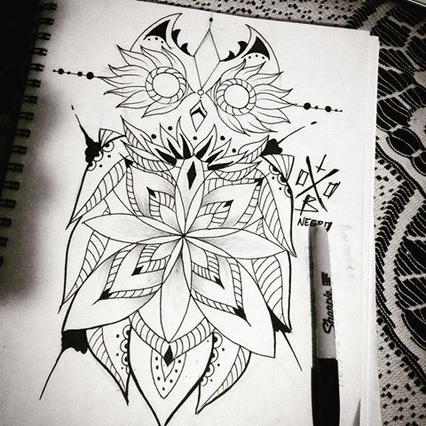 Awesome black-line floral owl tattoo design