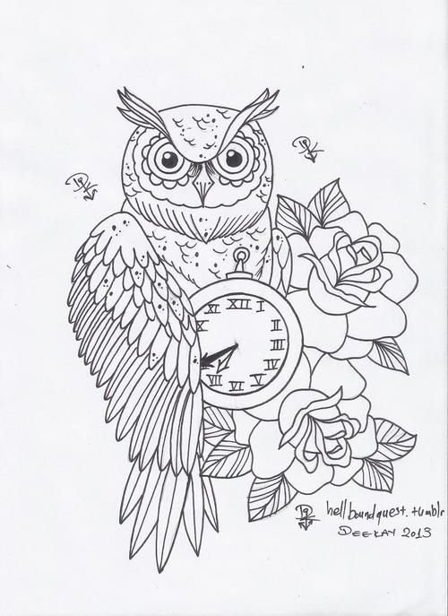 Awesome black-line owl with a clock and flowers tattoo design