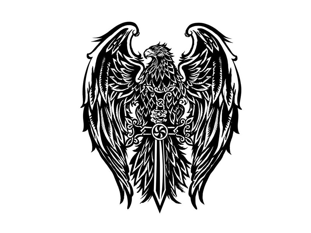 Awesome black eagle keeping celtic sword tattoo design