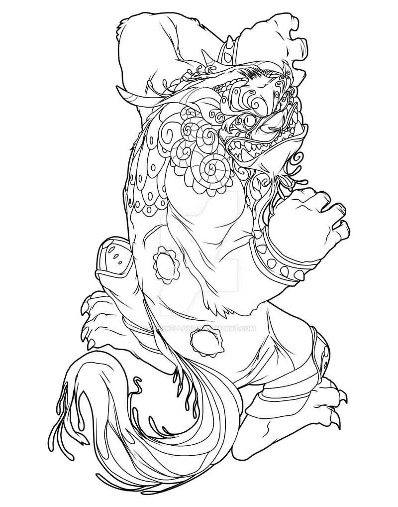 Awesome black outline decorated foo dog tattoo design