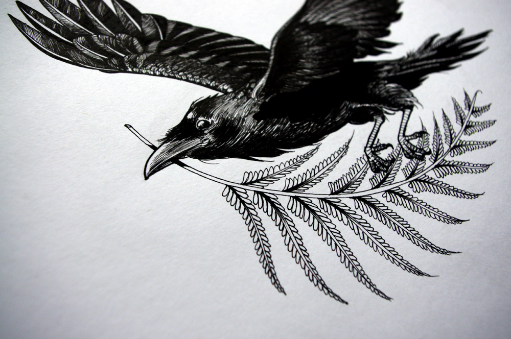 Awesome black raven flying with leaved branch in a beak tattoo design