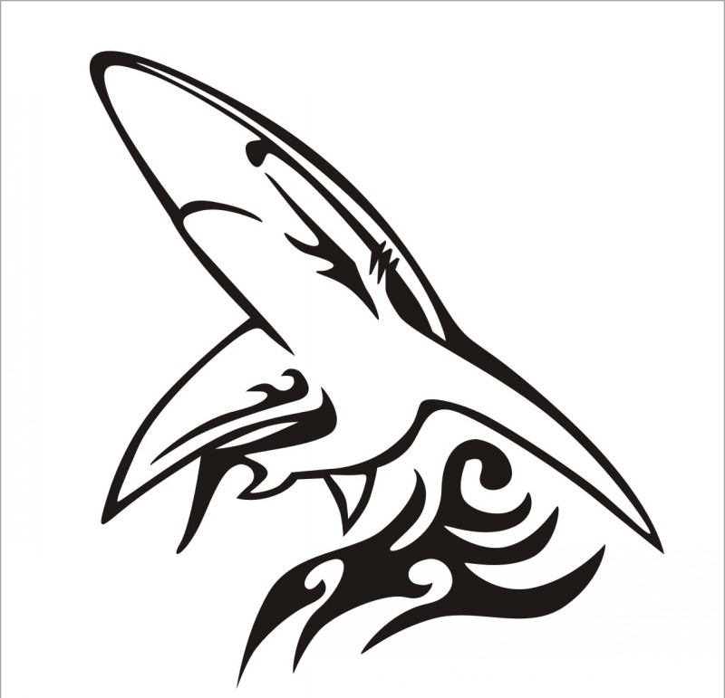 Awesome black tribal shark and wave element tattoo design