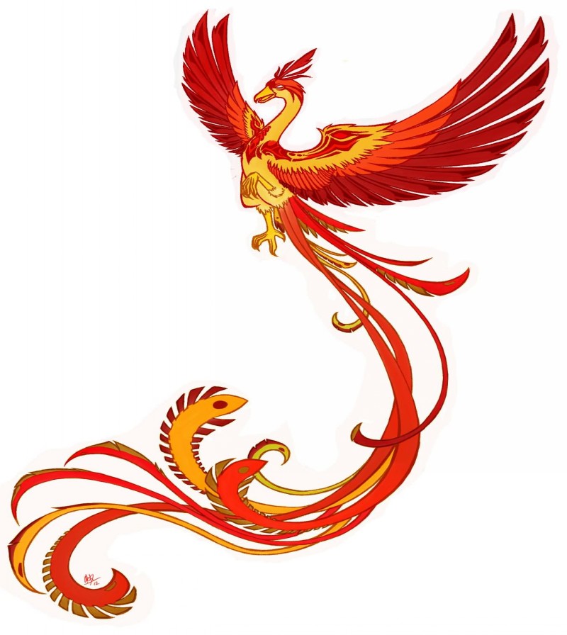 Awesome cartoon phoenix in orange colors tattoo design