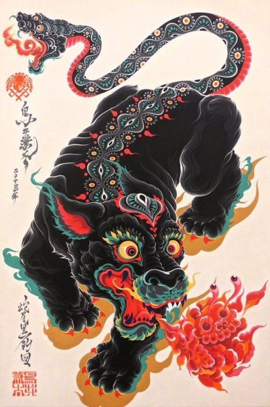 Awesome chinese ornamented spine panther tattoo design