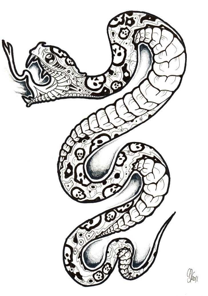 Awesome chinese snake with skull pattern tattoo design