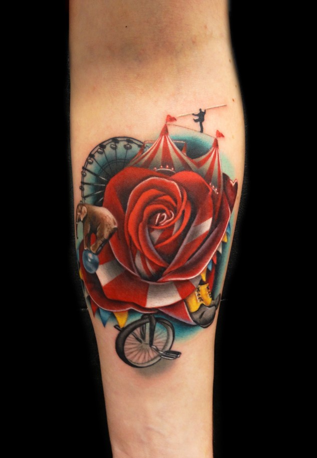Awesome circus theme rose tattoo
