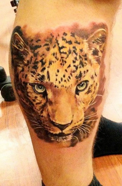Awesome color-ink cheetah head tattoo on shin