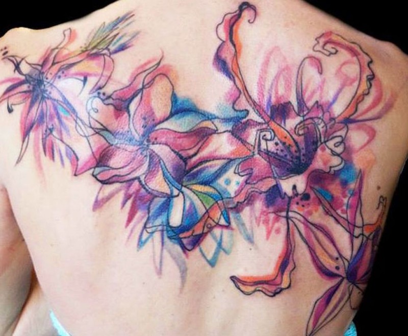 Awesome colorful abstract exotic flowers tattoo on back