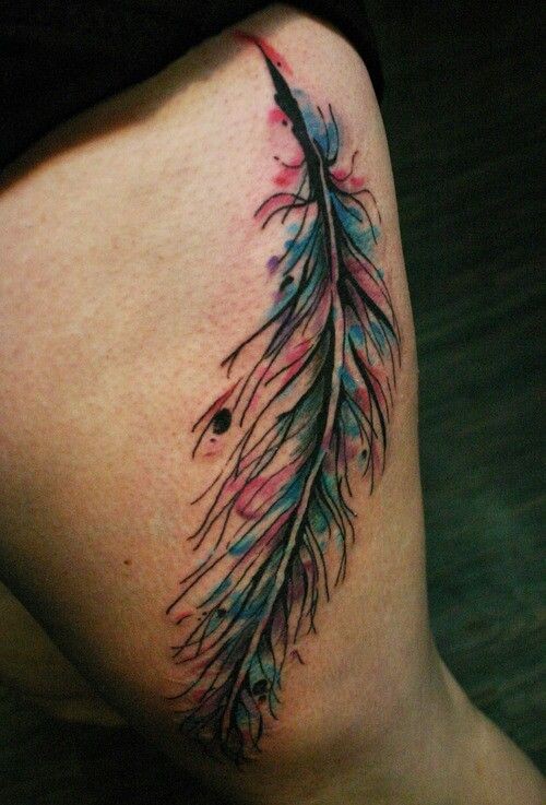 Awesome colorful feather tattoo on thigh