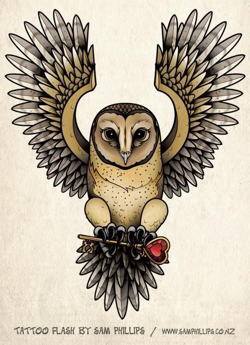 Awesome colorful flying owl keeping a love key tattoo design