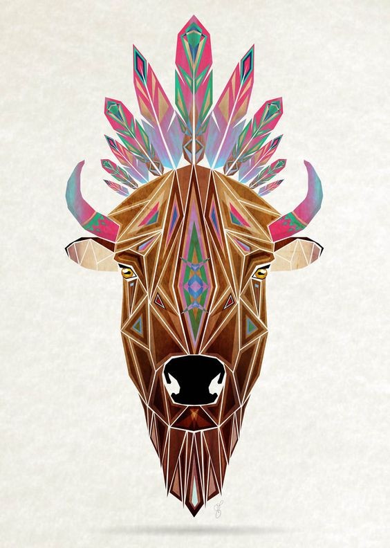 Awesome colorful geometric-style bull with indian feathers tattoo design